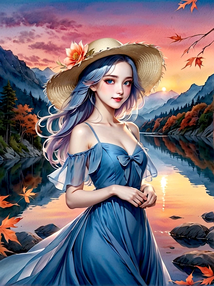 ((masterpiece, best quality))，(Very detailed)，(watercolor:1.2), 1 cute girl，straw hat，flowering，Light blue hair，Very long hair，Water blue eyes，flat chest，shut your mouth，Smile，(A blue dress:1.3)，Bare shoulders，bow tie，Side Angle，Autumn scenery，Leaving is，maple，dusk，River bank，reflection on the lake，The sky is full of colors，Orange-red sunset，The afterglow diverges，Mountain，远Mountain，contour， (Vibrant colors，Warm light source:1.2), (forest，Bare branches:1.2，(Very detailed的 CG 统一，8k wallpaper)，(Implications：1.0)，Intricate details，Epic Works，Realistic lighting，High-resolution details，(Beautiful wildlife and natural wonders，Lights shine)，(((Anatomically correct, precise, High Detail, best quality)))，Dark theme elements, Pencil Sketch