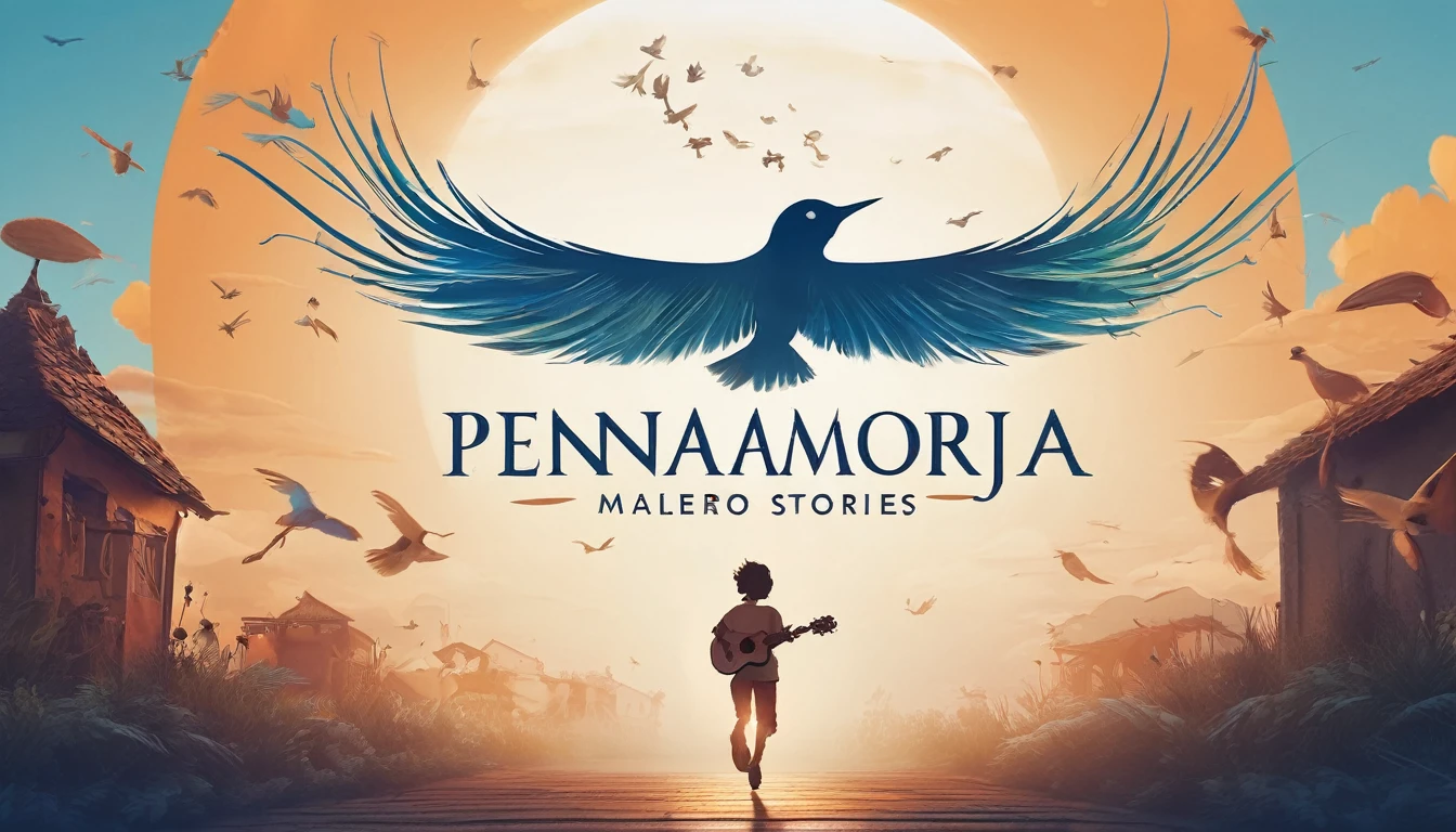 Create a professional, fantastic, cinematic Youtube Banner for a brand about music and stories called " Penamemoria". Masterpiece, 4k, sharp focus, highest quality,wide shot. The title is " Penamemoria". Is a brand about the creative, unique journey of a boy into becoming a musician storyteller. In his journey he finds inspiration in a world of birds and feathers. Minimalistic, simple, poetic, dreamy logotype at the center of the image. The Background image is a world full of fantastic feathers, unique birds, light blue sky, and a boy running happily into the horizon with an acoustic guitar in his right hand. Boy running against the wind, almost simulating like he is flying
