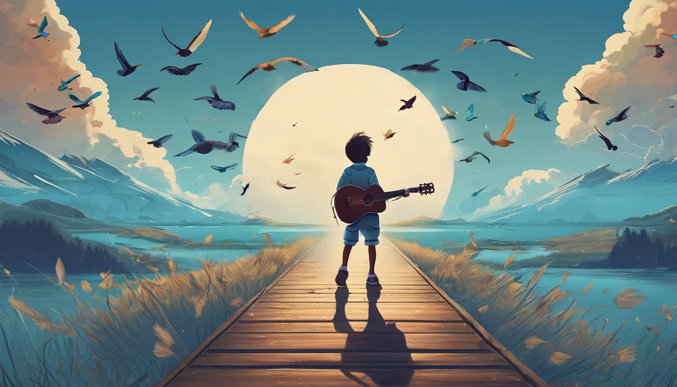 Create a professional, fantastic, cinematic Youtube Banner for a brand about music and stories called " Penamemoria". Masterpiece, 4k, sharp focus, highest quality,wide shot. The title is " Penamemoria". Is a brand about the creative, unique journey of a boy into becoming a musician storyteller. In his journey he finds inspiration in a world of birds and feathers. Minimalistic, simple, poetic, dreamy logotype at the center of the image. The Background image is a world full of fantastic feathers, unique birds, light blue sky, and a boy running happily into the horizon with an acoustic guitar in his right hand. Boy running against the wind, almost simulating like he is flying
