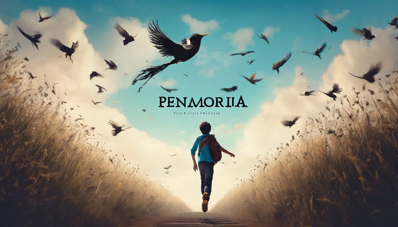 Create a professional, fantastic, cinematic Youtube Banner for a brand about music and stories called " Penamemoria". Masterpiece, 4k, sharp focus, highest quality,wide shot. The title is " Penamemoria". Is a brand about the creative, unique journey of a boy into becoming a musician storyteller. In his journey he finds inspiration in a world of birds and feathers. Minimalistic, simple, poetic, dreamy logotype at the center of the image. The Background image is a world full of fantastic feathers, unique birds, light blue sky, and a boy running happily into the horizon with an acoustic guitar in his right hand. Boy running against the wind, almost simulating like he is flying