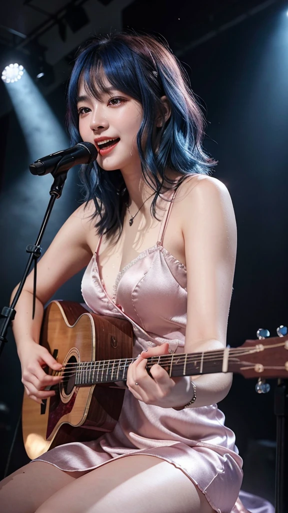 ((best quality)), photorealistic, photorealism, Photorealistic, high resolution, ((Wearing pink satin dress))、smile、A superb beauty、Super cute、ennui、Rare beauty、Very Short hair、Black Dark Eyeshadow、Sad、white skin、pale skin, Very short hair layered、Dark Gothic Makeup、Cute Smile、Fragrant beauty、Stained glass background、Mastepiece、Best Quality、Refers to 5 books、Sweat glistening on my chest、Sweat glistening on my face、Medium breasts、Blue hair、Age 20 years old、Mysterious look、A sad expression、Blue Hair、Glamorous concert stage、enchanting castle、Sweating profusely all over the body、A lot of sweat and light on the thighs、Shiny thighs、Plenty of sweat glistening on the thighs、A large amount of sweat glistens on my thighs、Sweating profusely、Gal、Medium breasts、Beautiful face、Alluring expression、Sitting、Sitting playing guitar、Thick thighs、Playing guitar、I have a guitar、Sing a song enthusiastically、Playing guitar in a band、Rock band、Playing guitar chords、Live House Background、Sing a song、Open your mouth、Live house scenery、Mic stand、Glamorous live stage、Dynamic Angle、Cinematic lighting