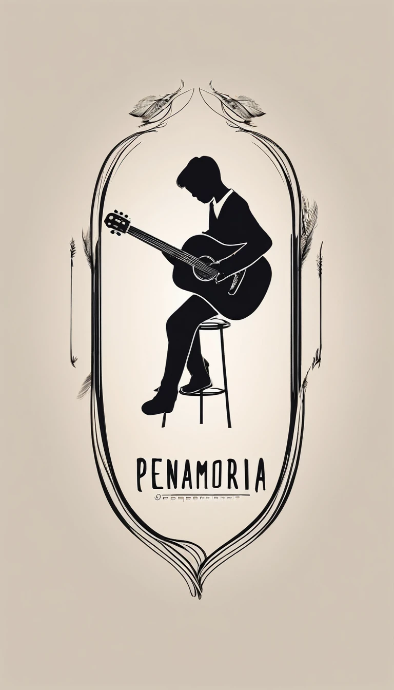 A minimal, modern, simple, cinematic logotype for the brand “Penamemoria". The logotype must be a simple, magical feather and a boy playing acoustic guitar. The logo must convey a sense of music, stories and dreams. Logo design impressed on a book cover. Minimalistic logo