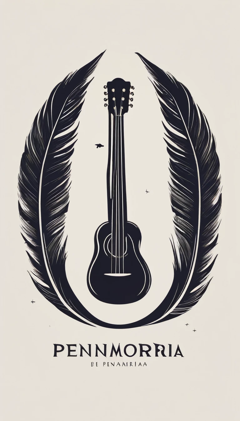 A minimal, modern, simple, cinematic logotype for the brand “Penamemoria". The logotype must be a simple, magical feather and a boy playing acoustic guitar. The logo must convey a sense of music, stories and dreams. Logo design impressed on a book cover. Minimalistic logo
