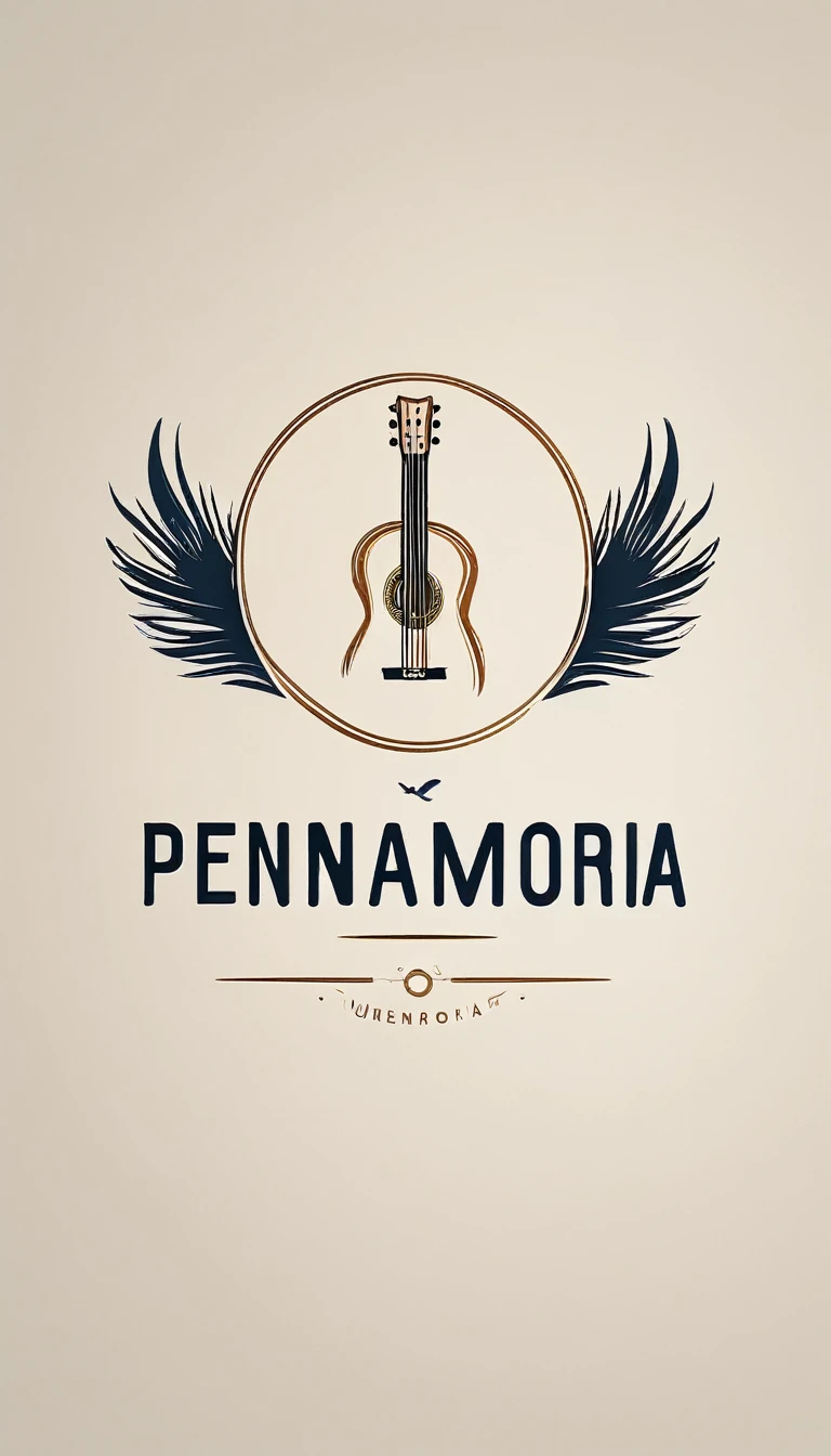 A minimal, modern, simple, cinematic logotype for the brand “Penamemoria". The logotype must be a simple, magical feather and a boy playing acoustic guitar. The logo must convey a sense of music, stories and dreams. Logo design impressed on a book cover. Minimalistic logo
