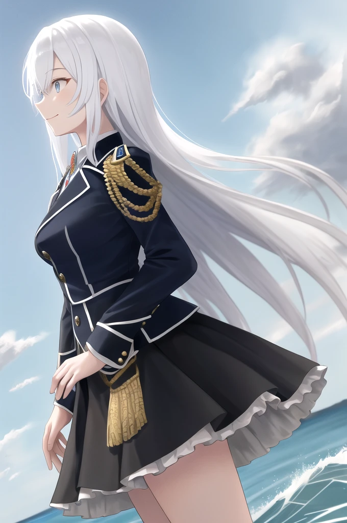 ((masterpiece,Highest quality, detailed)), ultra-detailed, detailed hair,、1girl la folia rihavein ,Gray Hair, uniform 、White shirt、 Black Skirt、 Side view of the brooch, ((Woman looking at the sea from the top of a hill))、(blue sea)、((Blue sky))、Wave one hand、The wind is blowing、The best smile、military uniform white shirt black skirt brooch,独奏,