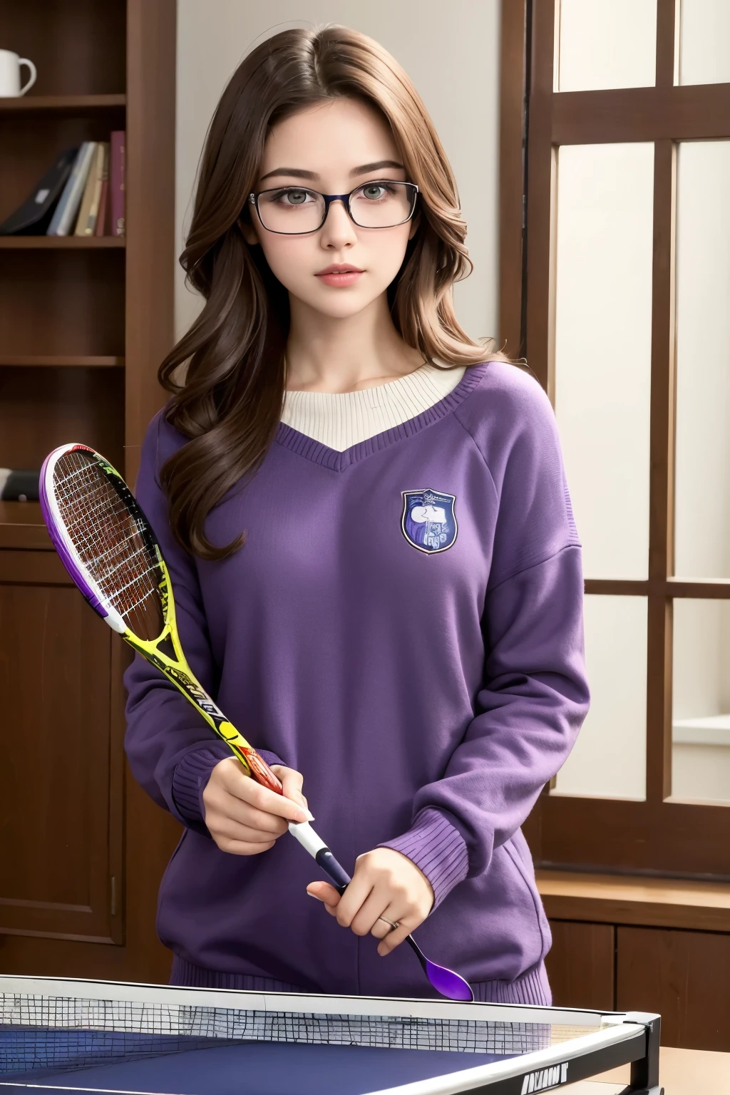 ((best qualityer)), ((work of art)), (detailded), 1 girl, shoulder to shoulder sweater, create a character with glasses, brown hair in a husky onesie holding a table tennis racket and the letters UG in the background with purple details
