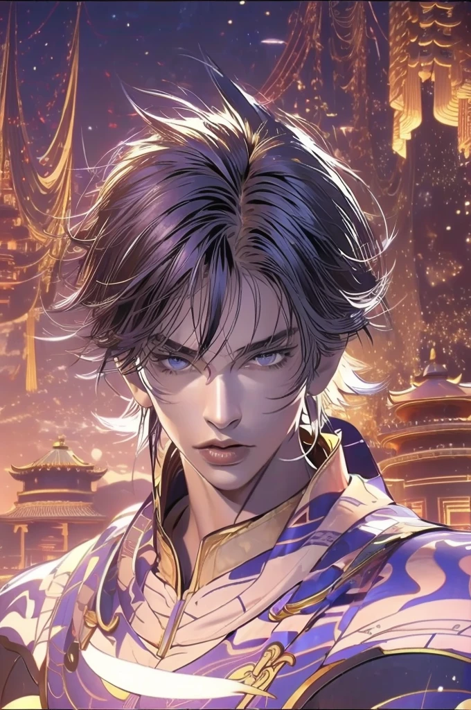 a man in a white robe, young and handsome man, ponytail, waist-length hair, ancient Chinese clothing, qi, a huge saber, ancient Chinese buildings in the background, night, powerful character, purple rays, a beautiful landscape. Detailed face, thick eyebrows, black eyes, 8k, robe embroidered with gold edges, detailed clothing, xianxia, ​​world of cultivation. ((upper body))