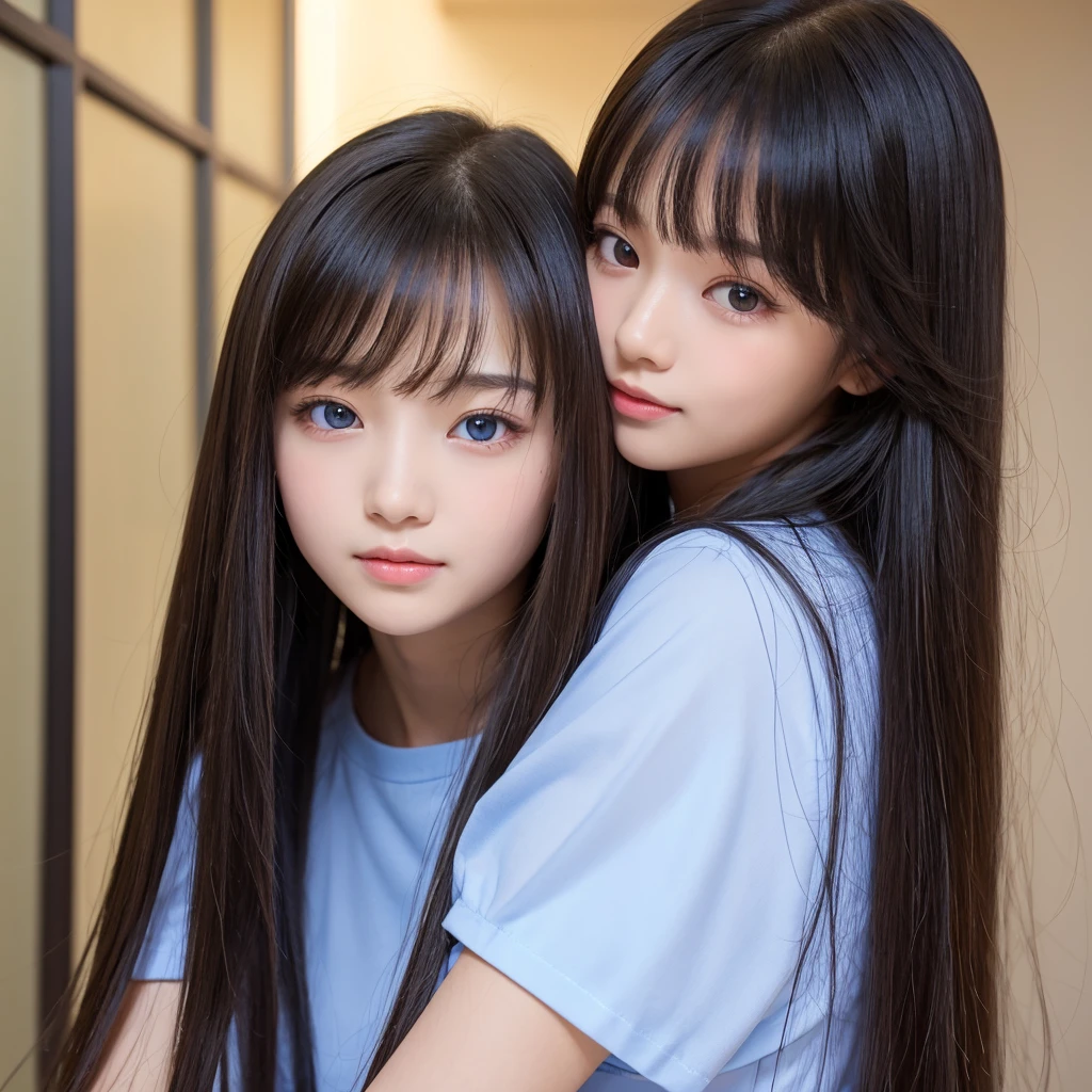 (Shoot from below:1.7, simple gradation background:1.7), (masutepiece, Best Quality, (Realistic, Super Real, Super Reality:1.5), (Photography)), ((2girls, duo:1.8)), (Neat and innocent personality, Gentle atmosphere:1.4), ((white color hair, (Straight very long moist hair):1.5)), (Smile:0.9), (eyes gentle), (Looking at Viewer, cinemagraph), BREAK (((Perfect beauty, Very porcelain skin, Very fair skin, Quality and beautiful skin:1.5)), Super Smart, (Faces with random and very beautiful details:1.4), (Beautiful face with symmetry, symmetrical beautiful eyes, (blue color eyes:1.2), Fine Eyes Detail, Fine face:1.3), (Large eyes, Hyper Detail Eyes, Very clear eyes:1.4), ((2females:1.4)), up of face, Slender face、Smart face, light brown hair, Blunt bangs, hair behind ear, hair over shoulder, Long hair, slender body shape, Ultra Fine Face, Thin face, Delicate lips, Keep your mouth shut, Beautiful eyes, thin blush, eyes are light brown, perfect glossy skin, flawless skin, View here, Ultra-thin hands, Ultra-fine fingers:realisitic:1.5), One-person viewpoint, Fuji Film, 8K, masutepiece, nffsw, Super Detail, High quality, Best Quality, hight resolution, ((Don't show your fingertips))、the golden hour Beautiful light, (((Schoolgirl Uniform)))、((White Short Sleeve Low Cut (Sleeveless Tight Turtleneck Fabric Thin Summer Knit:1.4)))、((Micro Mini Dark Blue Hot Pants))、 ((Very large breasts, firm breasts:1.7)、((Slender body、A slender)))、 (((Positive image:1.3)))、
