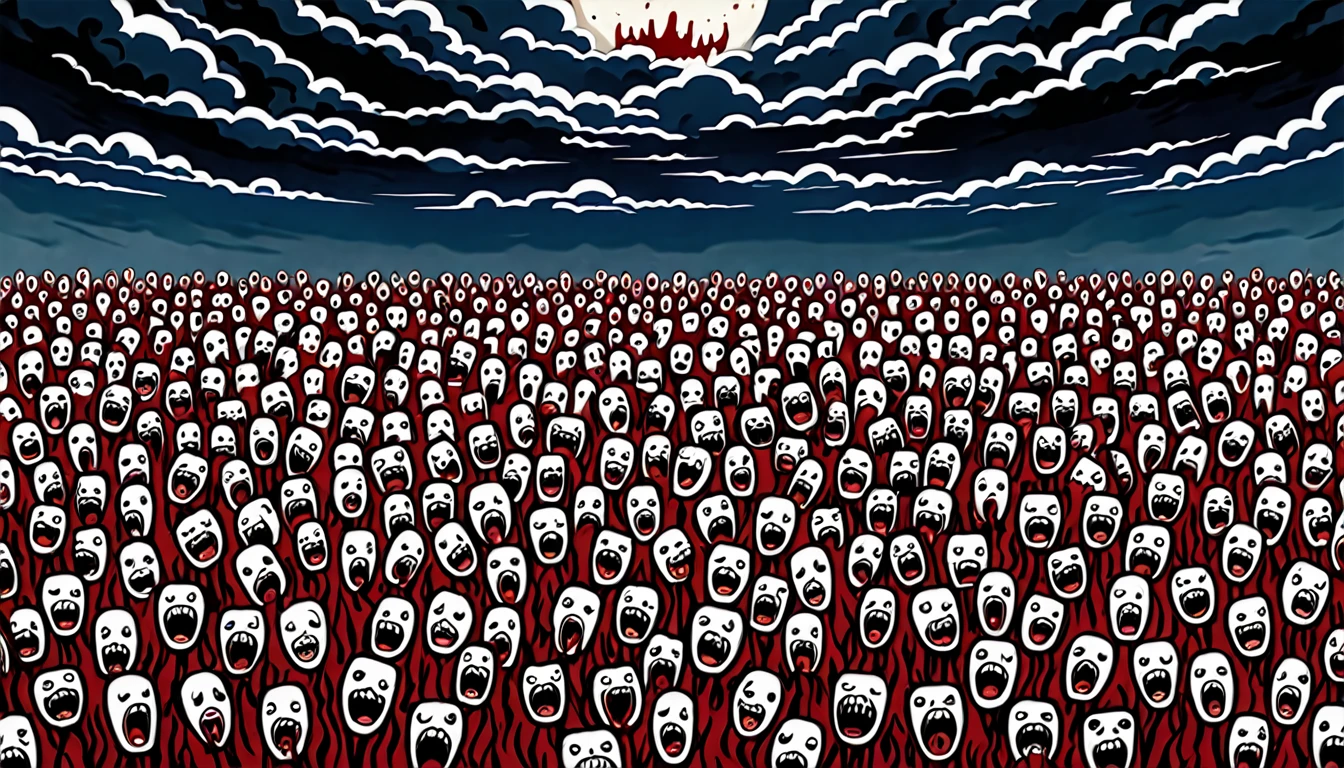 a world made of nightmares where the sky is covered in screaming faces and the ground is full of human teeth and blood art style is surreal