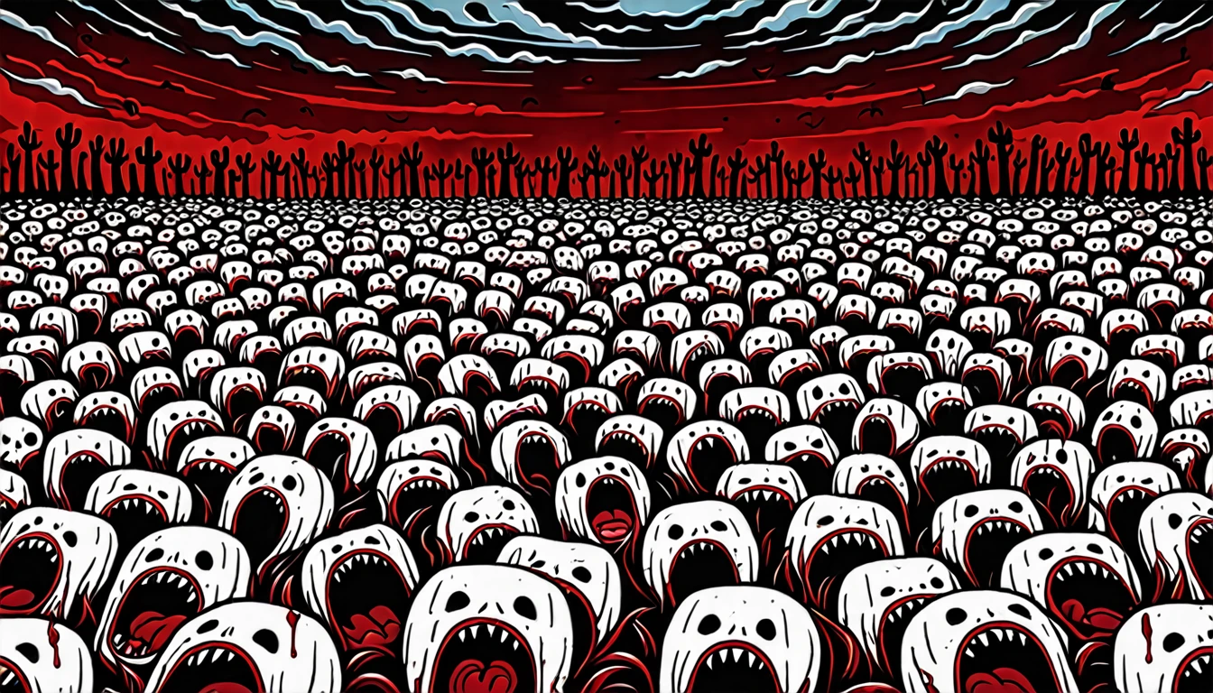 a world made of nightmares where the sky is covered in screaming faces and the ground is full of human teeth and blood art style is surreal