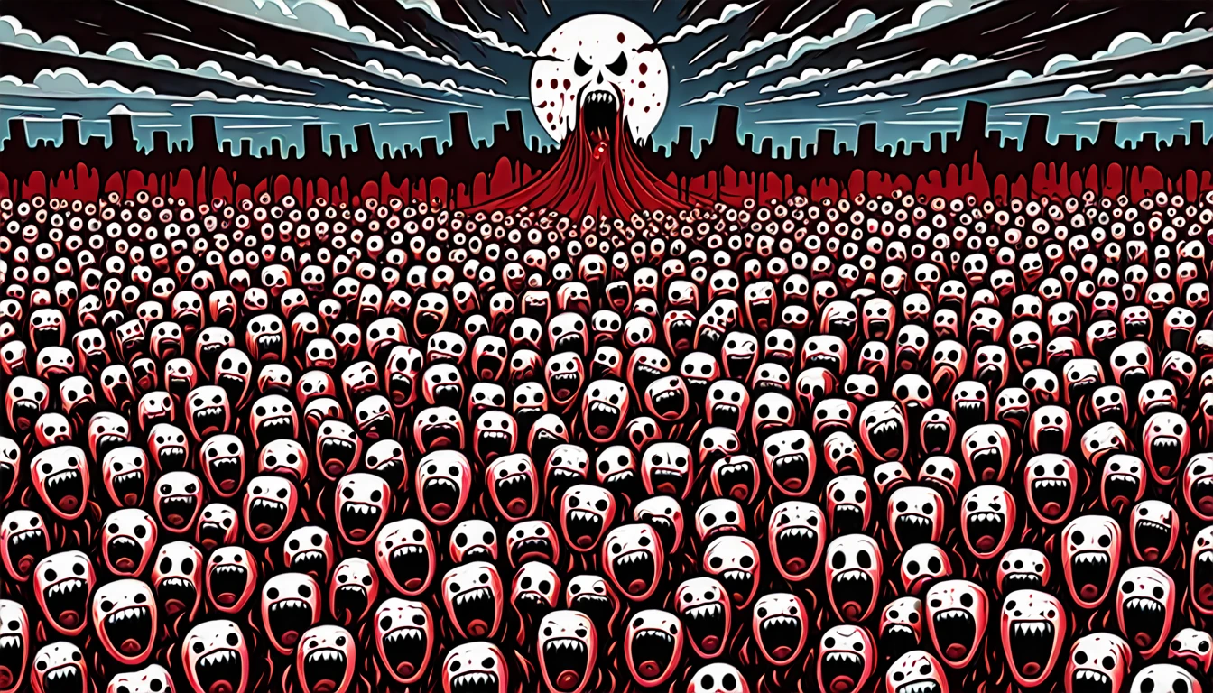 a world made of nightmares where the sky is covered in screaming faces and the ground is full of human teeth and blood art style is surreal
