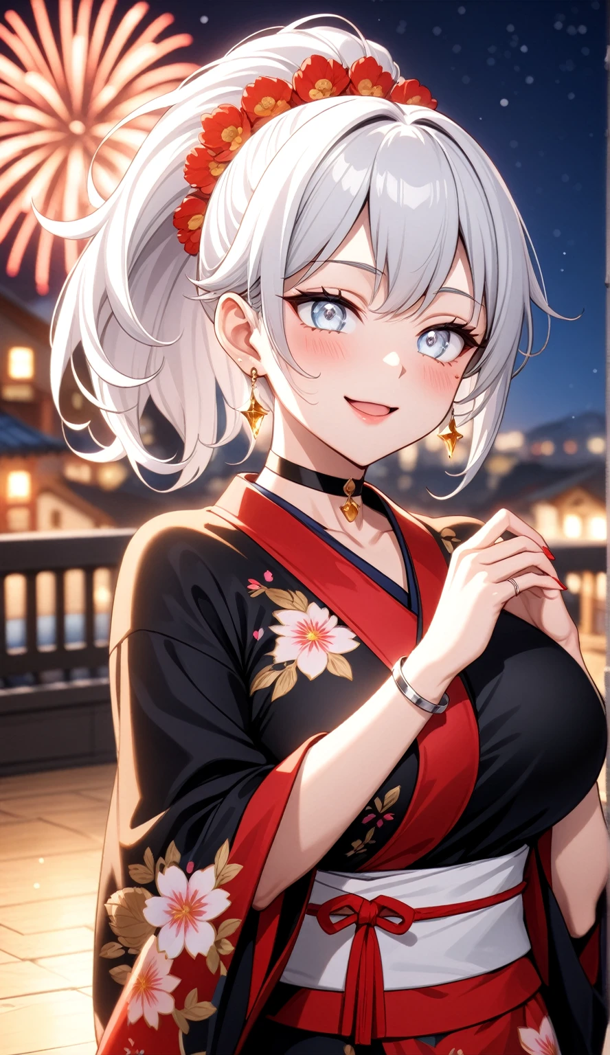 ((One personの女性)), Beautiful Face,Laughing embarrassedly,((Wink:1.9)),Laugh with your mouth wide open((Bright red cheeks:1.4)),Shiny red lips,night,rooftop,Festive decorations,You can see the ocean, firework,Laughing with your mouth open,Glossy pink lips,Lighting on the face,((Anime style background)),masterpiece, Highest quality, so beautiful,Latest, Complex details, (Pink long nails),(ring),(bracelet),(choker),AI-generated, Complex,High resolution, Highest quality, super high quality,3D Images、looking outside、3D Images,One person,Long white hair,High Ponytail,(blue eyes),Anime woman posing for a photo, ((Fine grain、Silvery white colorful eyes、Shining Eyes:1.4)),(Squint your eyes:1.1),a hyperRealistic , hyperRealistic , Realistic,Anime woman with long and white hair, Smooth anime CG art, A woman in a colorful kimono with gold embroidery, (Black long sleeve kimono),Red floral pattern,Long flower hair ornament,Big earrings,Mature Body,(Big Breasts:1.1),Tall,Abdominal muscles,Narrow waist,(Zoom in on face:1.8),Photographed from the front