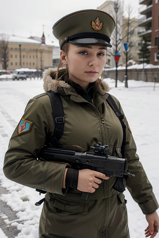 score_9, score_8_up, score_7_up, source_anime, 1girl, cute anime face, long hair, huge breasts, solo, glavakolhoza_rosgvardiya, military uniform, outdoors, snowy, (dark blue pixel camouflage:1.1), winter jacket, winter hat, unit patch, standing, looking at viewer,, relaxed pose, gloves