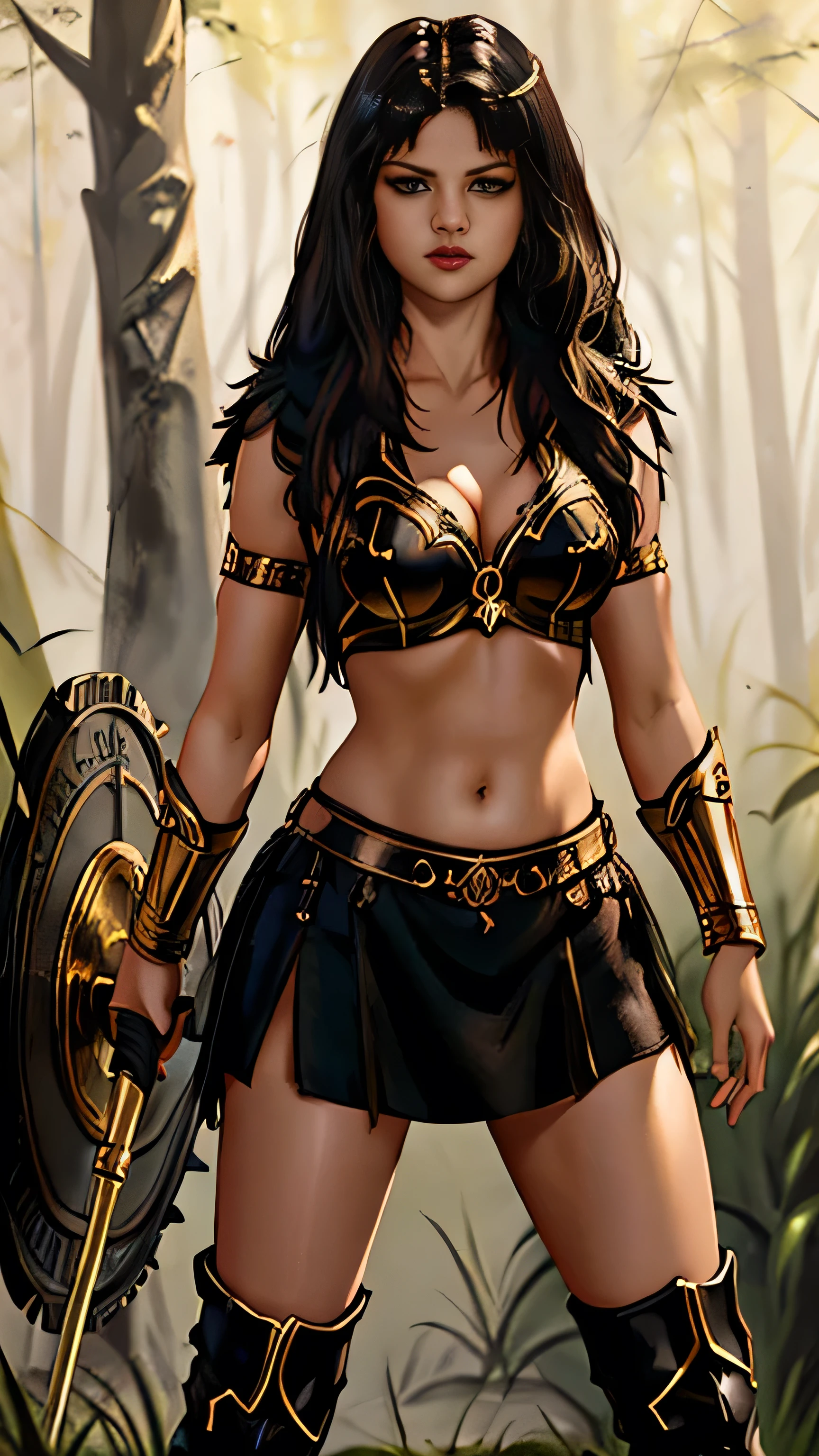 (Selena Gomez) as Xena, warrior princess, black long hair, bangs, armor, golden patterns, midriff, navel, hihg knee boots on heels, staff, standing, in the forest, 1woman, solo, full body view, front view, looking at viewer, intricate, high detail, sharp focus, dramatic, photorealistic painting art by greg rutkowski
