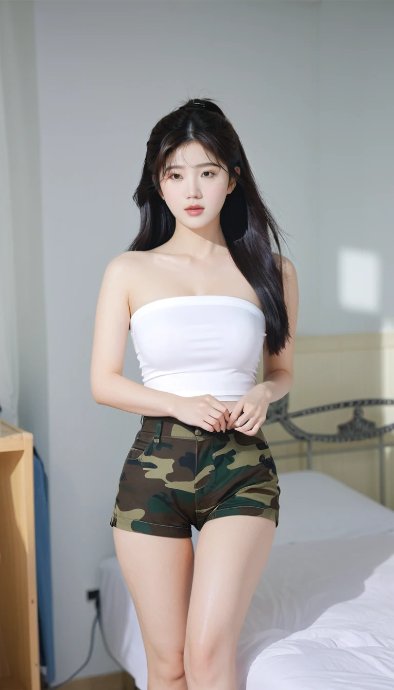close-up of beautiful South Korean, Jang Eunbi is a South Korean video creator and model, youthful face, perfect body, white body skin, sexy looking pose, rapunzel long hair, black hair, straight hair, 36 inches breasts size, wearing a tight plain white strapless tube top, wearing a tight camouflage short pants, Eunbi holding breasts with her own two hands is very sexy and sigh, at the female-only military dormitory bedroom, female-only military dormitory bedroom background, UHD