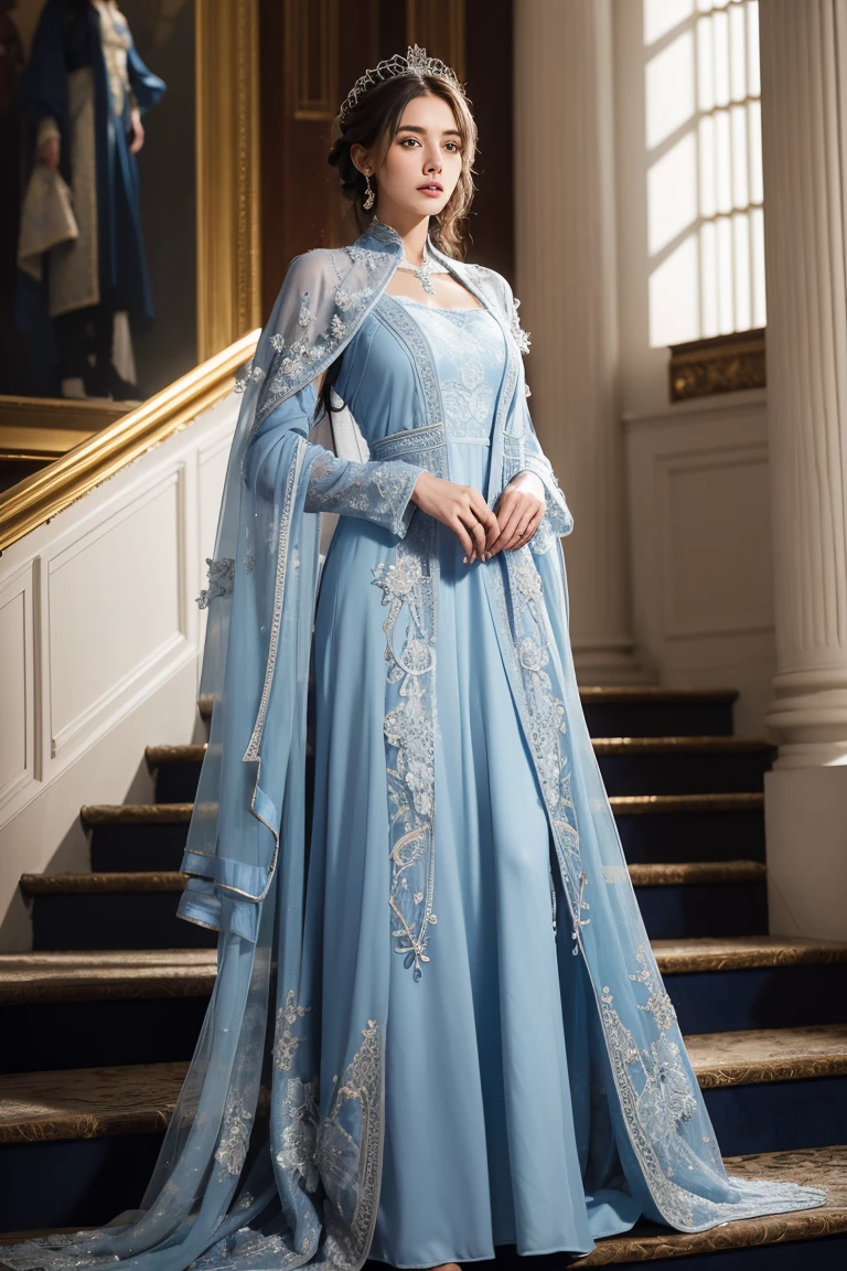 Beautiful woman standing on stairs wearing light blue dress, fantasy long intricate outerwear, long outerwear, wearing an evening outerwear, From the Victorian nobility, wearing long outerwear, long luxurious outerwear, Chassis, wearing a fantasy suit, outerwear, velvet with lace outerwear, royal elegant pose, Elegant Gothic princess, 