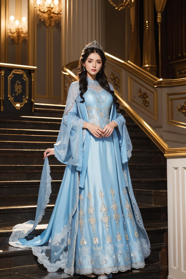 Beautiful woman standing on stairs wearing light blue dress, fantasy long intricate outerwear, long outerwear, wearing an evening outerwear, From the Victorian nobility, wearing long outerwear, long luxurious outerwear, Chassis, wearing a fantasy suit, outerwear, velvet with lace outerwear, royal elegant pose, Elegant Gothic princess,