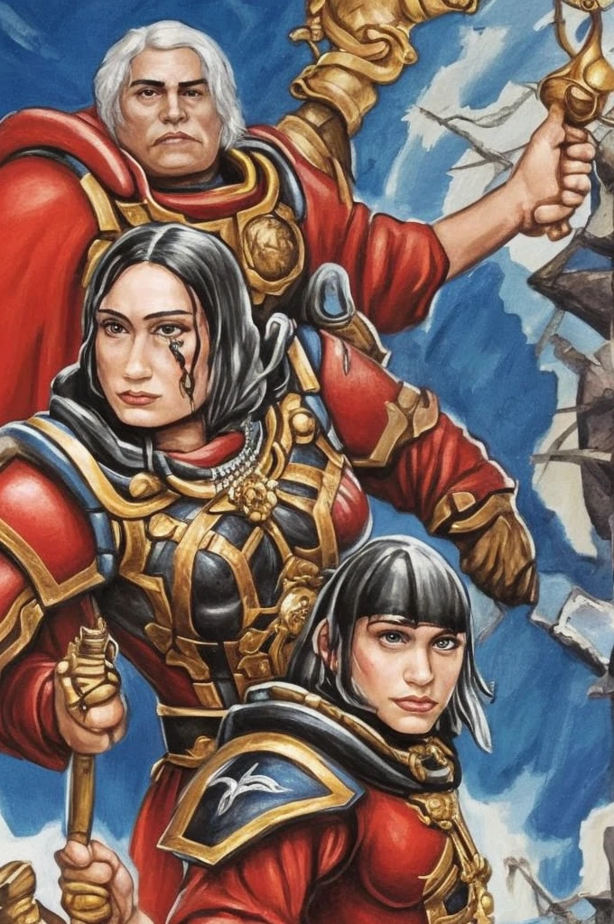 Photo of adepta sororitas, bloody rose, full armor, full metal armor, wearing intricate ornamented metal armor, stern face, bob cut, short hair, white hair,
solo, (female:1.2), epic, red armor, white pelvic curtain, bronze trimmings, blue pupils, facial scar,,
((upper body:1.3)) focus, close-up, banner background,