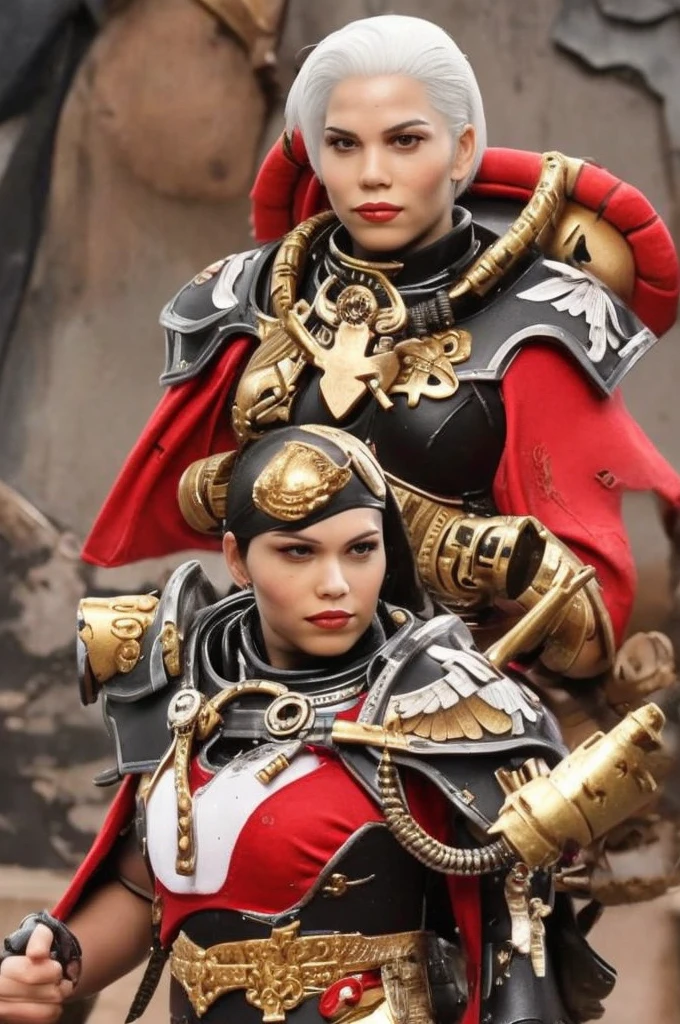 Photo of adepta sororitas, bloody rose, full armor, full metal armor, wearing intricate ornamented metal armor, stern face, bob cut, short hair, white hair,
solo, (female:1.2), epic, red armor, white pelvic curtain, bronze trimmings, blue pupils, facial scar,,
((upper body:1.3)) focus, close-up, banner background,