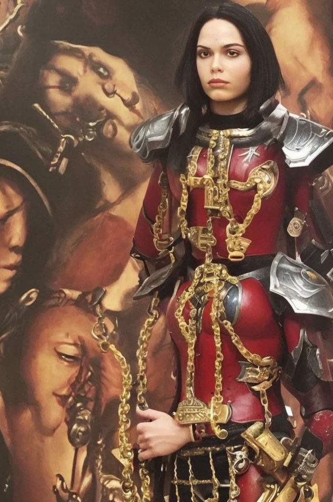 Photo of adepta sororitas, bloody rose, full armor, full metal armor, wearing intricate ornamented metal armor, stern face, bob cut, short hair, white hair,
solo, (female:1.2), epic, red armor, white pelvic curtain, bronze trimmings, blue pupils, facial scar,,
((upper body:1.3)) focus, close-up, banner background,