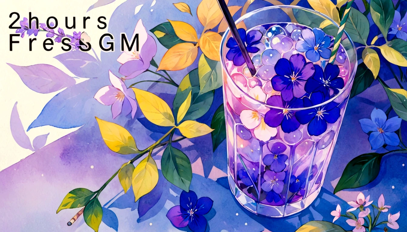 Purple flowers in a glass with a straw and a straw in it, 🌺 society, by Oze Kanaoka, Highly detailed watercolor 8k, Highly detailed watercolor 8k, relaxed and calm atmosphere, Watercolor illustration style, Artgasm, Highly detailed background, Lo-fi art style, Chill Hop, Shiny digital painting, Lofi Color, Official artwork