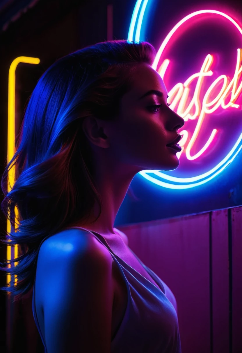 Side face silhouette,Shadow of beautiful woman under neon sign,Huge neon signboard,(Neon sign with text:1.5)