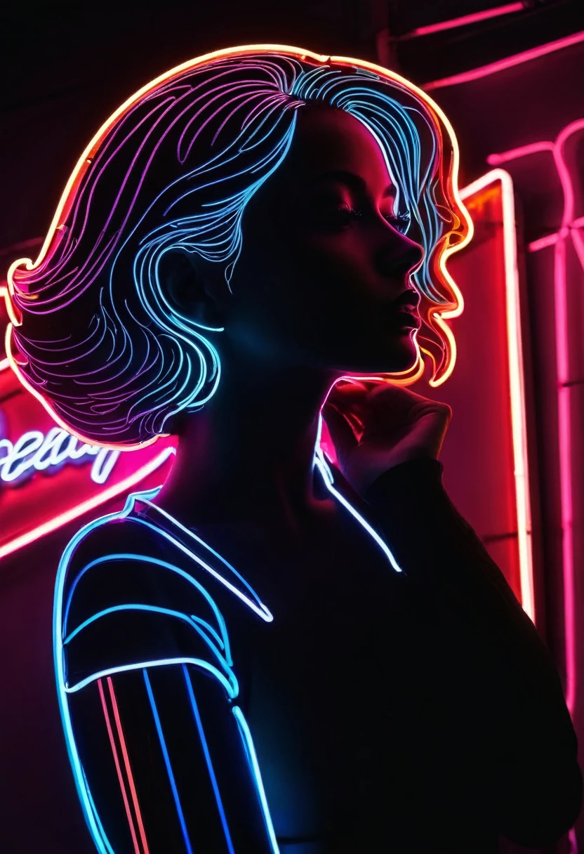 Side face silhouette,Shadow of beautiful woman under neon sign,Huge neon signboard,(Neon sign with text:1.5)