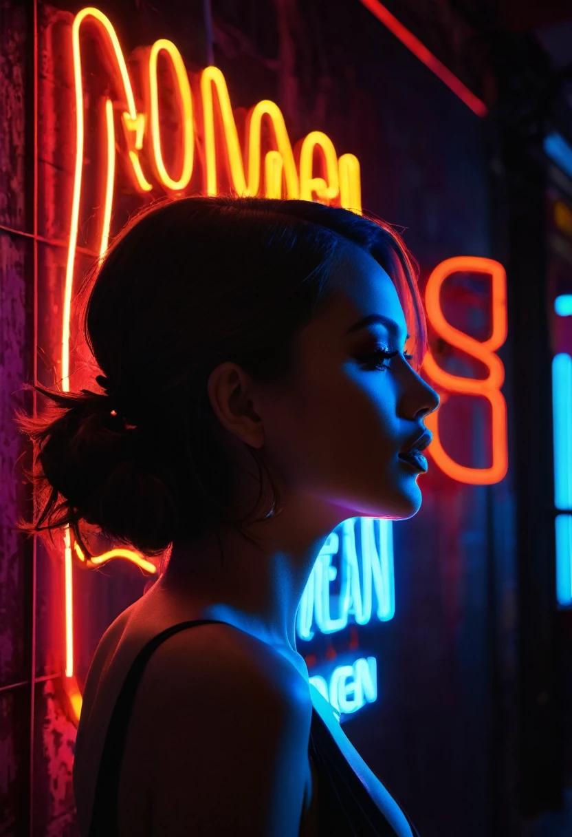 Side face silhouette，Shadow of beautiful woman under neon sign,Huge neon signboard，(Neon sign with text:1.5)
