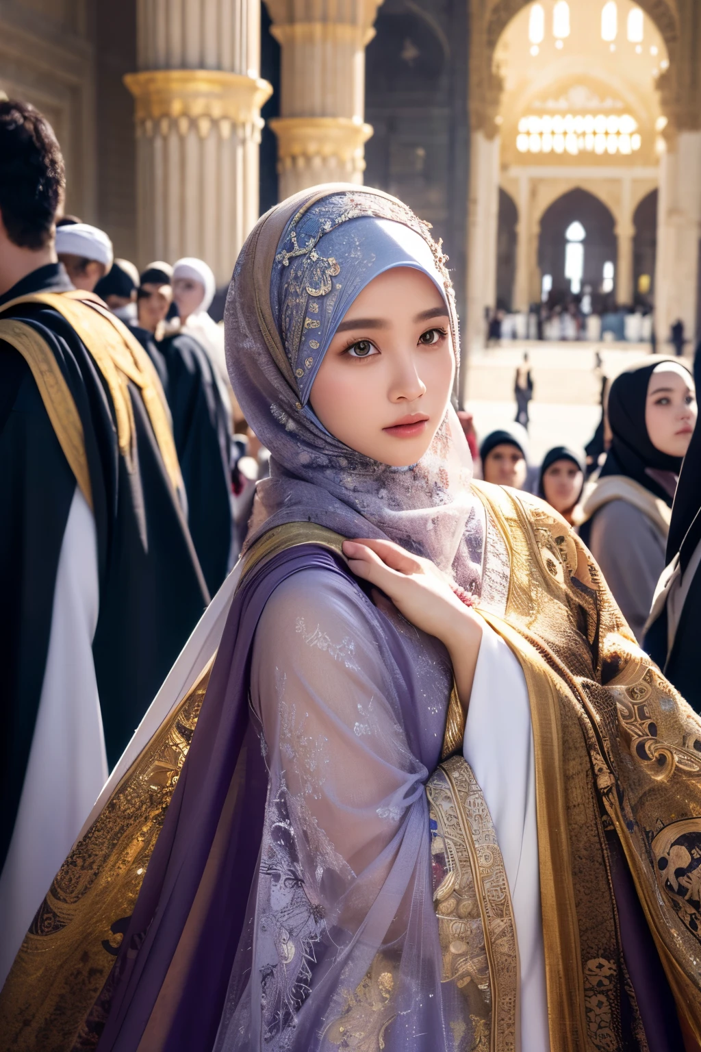 photorealistic. High-resolution image of an Indonesian Muslim woman standing facing forward, wearing a niqab wearing a neat hijab and long white abaya with ihram clothing, in front of the Ka'bah during the day, with many people in the background. 8k, hyperdetailed, cinematic lighting, dramatic pose, intricate details, hyper realistic, concept art, fantasy, digital art, vibrant colors, beautiful detailed eyes, beautiful detailed lips, extremely detailed eyes and face, long eyelashes, highly detailed face, realistic human anatomy, elegant dress, gorgeous scenery, magical elements, otherworldly landscape, dramatic lighting, intricate details, stunning colors
