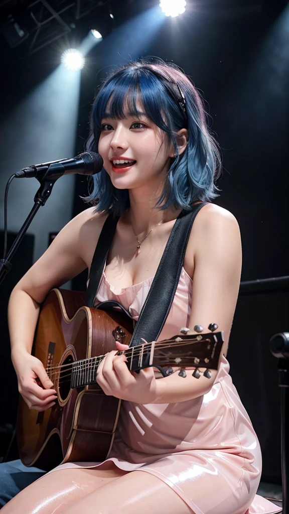 ((best quality)), photorealistic, photorealism, Photorealistic, high resolution, ((Wearing pink rubber dress))、smile、A superb beauty、Super cute、ennui、Rare beauty、Very Short hair、Black Dark Eyeshadow、Sad、white skin、pale skin, Very short hair layered、Dark Gothic Makeup、Cute Smile、Fragrant beauty、Stained glass background、Mastepiece、Best Quality、Refers to 5 books、Sweat glistening on my chest、Sweat glistening on my face、Medium breasts、Blue hair、Age 20 years old、Mysterious look、A sad expression、Blue Hair、Glamorous concert stage、enchanting castle、Sweating profusely all over the body、A lot of sweat and light on the thighs、Shiny thighs、Plenty of sweat glistening on the thighs、A large amount of sweat glistens on my thighs、Sweating profusely、Gal、Medium breasts、Beautiful face、Alluring expression、Sitting、Sitting playing guitar、Thick thighs、Playing guitar、I have a guitar、Sing a song enthusiastically、Playing guitar in a band、Rock band、Playing guitar chords、Live House Background、Sing a song、Open your mouth、Live house scenery、Mic stand、Glamorous live stage、Dynamic Angle、Cinematic lighting