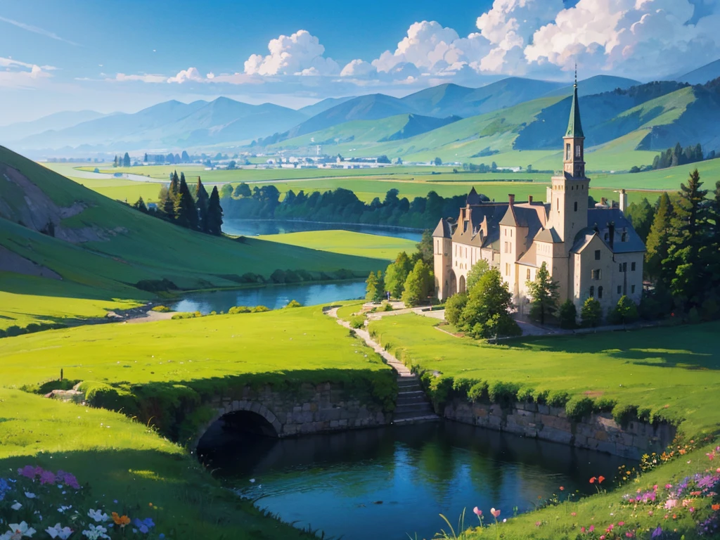 The atmosphere of the vast green land See the city in the distance with a prominent castle and tower The sky was bright, with floating white clouds dotting the trees and colorful flowers. In the meadow, there were mountains and a small river. Wandering along the ground, some spots may have cute or imaginary animals in the picture. Green fields stretch as far as the eye can see, and small towns dotted with orange-roofed houses and stone castles perched on hills. A vast green land under a bright sky There are large trees standing tall and a small river flowing by.