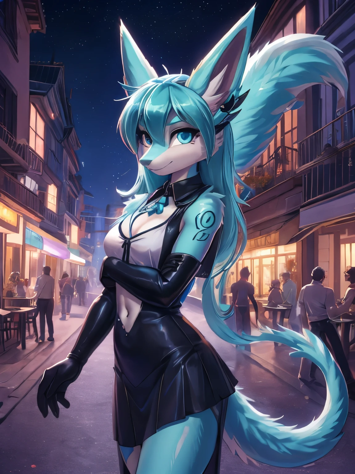 Chica anime,tennage girl 18 years old, anime style, cute hatsune miku x suicune, Chica tímida , Orejas de Kitsune, arte de dark natasha, city landscape, arte de vixen aztra, cuerpo completo, patas hermosas, cintura delgada, caderas amplias, navel white blouse, white&pink skirt, navel piercing, ear piercing, navel tattoo, atrevid pose, back pose, fluffly tail, sensual eyes (la mejor definicion) long hair, black flash, city party, city night life, party girl, super agent girl,deep blue eyes (HD), white&pink dress, super agent girl, aura pura, silueta de luz, silueta radiante de luz dorada, su cuerpo brilla, mekor iluminacion en fotografía, mermaid mini skirt, sinsing in street, secret agent, perfect dark, bond girl, 007 girl, cóctel dress