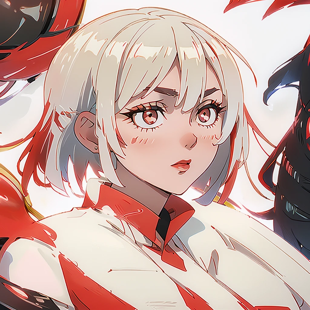 1 Female、Small breasts、Blonde ponytail、Round red eyes、Fine and beautiful skin、smile、smile、Ahoge、Upper body close-up、A detailed red rider's jacket、Wear a big jacket、Cinematic Light、Golden hour sky