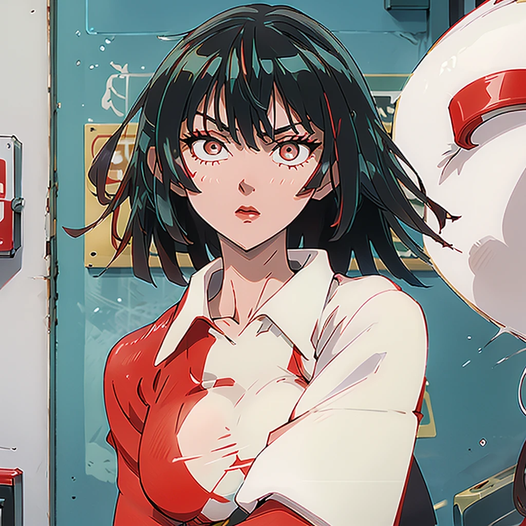 Women(alone), very long white hair,Red eyes,red and red kimono that reveals her shoulders, big breasts, tight