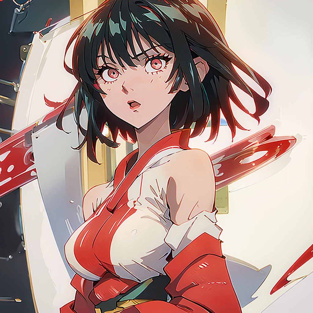 Women(alone), very long white hair,Red eyes,red and red kimono that reveals her shoulders, big breasts, tight