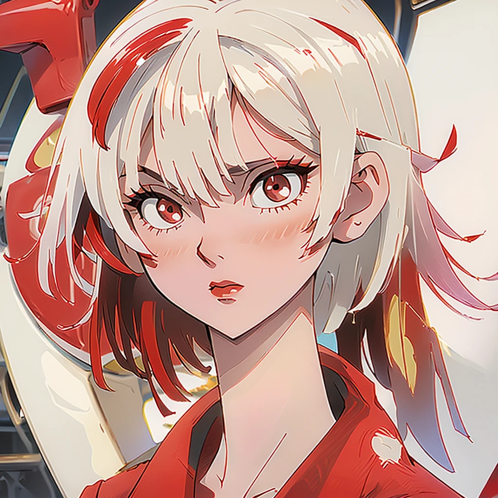  Women(alone), very long white hair,Red eyes,red and red kimono that reveals her shoulders, big breasts, tight