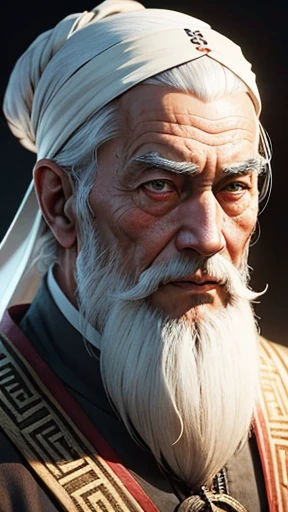 Oriental、Intelligent old man、An elderly man in plain white ancient Chinese costume、Ancient Chinese hairstyle old man、Highest quality、masterpiece、Ultra-high resolution、(Realistic:1.4)、Game Poster、Crisp and beautiful image quality、White Hair、white and long beard,、Embroidered cloth wrapped around a topknot、