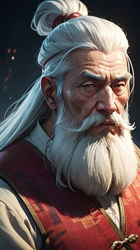 Oriental、Intelligent old man、An elderly man in plain white ancient Chinese costume、Ancient Chinese hairstyle old man、Highest quality、masterpiece、Ultra-high resolution、(Realistic:1.4)、Game Poster、Crisp and beautiful image quality、White Hair、white and long beard,、Embroidered cloth wrapped around a topknot、