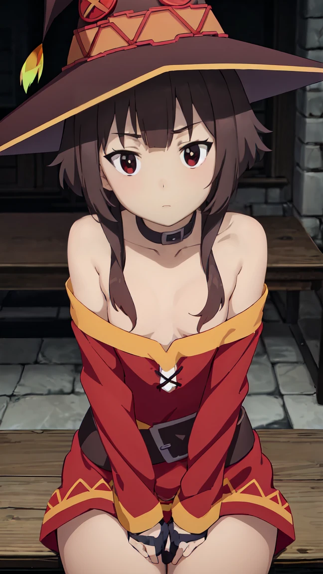 Artgerm, table, Best quality, extremely detailed, table, Best quality, Megumin, 1 girl in, bare shoulders, sex position, elastic , beautiful buttocks, стоит опершись о table, nude, very sexy, Black e.g, black gloves, black hair, e.g, necklace, clavicle, dress, hair between eyes, It has, long sleeves, I look at the viewer, Medium hair, off shoulder dress, off the shoulders, Red dress, Red eyes, side locks, One, witch hat, in room