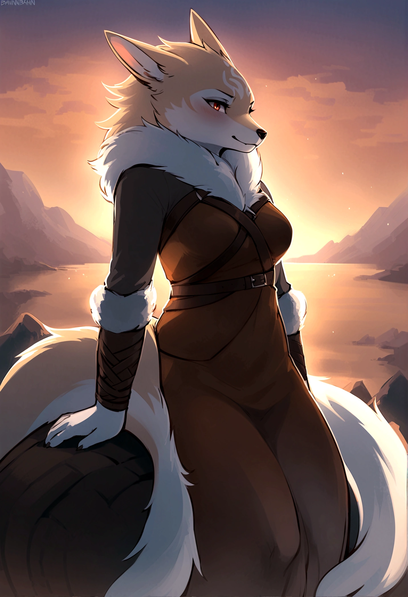 top quality, best quality, by bahnbahn, High-quality illustrations, masterpiece, shading, light)(kemono, furry anthro, alone), round, 1 female, Fenrir, viking god clothes,