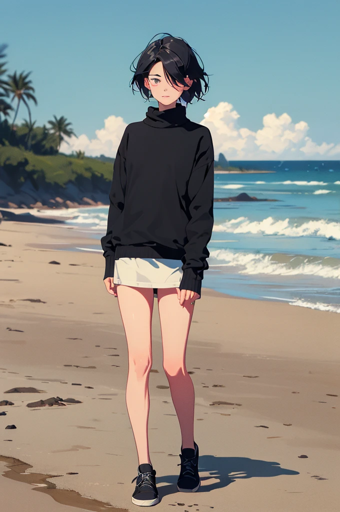 (masterpiece:1.3),(best quality:1.2),(absurdres:1.1), (full body:1.1), a girl with black hair, large sweater, no pants, covered ears,looking at viewer,
(highly detailed face and eyes:1.1),standing at the beach, simple background,