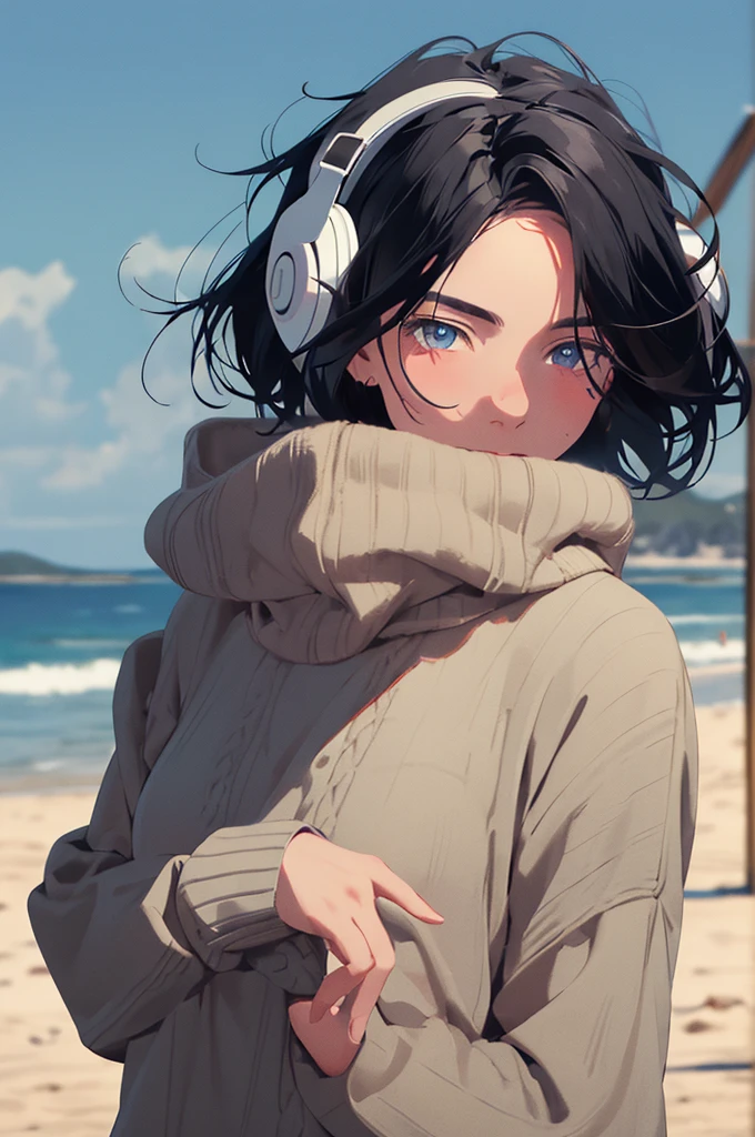 (masterpiece:1.3),(best quality:1.2),(absurdres:1.1), (full body:1.1), a girl with black hair, large sweater, no pants, covered ears,looking at viewer,
(highly detailed face and eyes:1.1),standing at the beach, simple background,