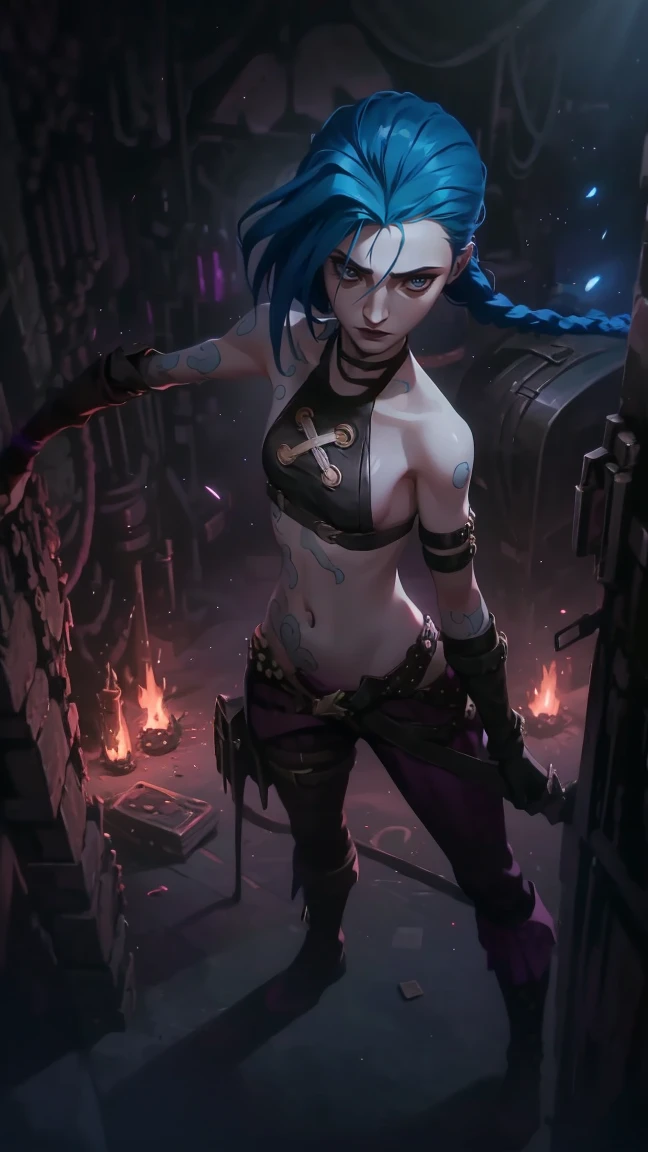 very sexy, crazy look, длинные синие hair заплетены в косы, full length (full body 1.1.), tight leather pants, Jinx's character design, stands on the edge of the roof, fantasy city, night, explosions, fire, Sparks, Purple Flashes, beautiful figure, Arcane Curse, Bright blue and purple Sparks all around, burning eyes, Pink Shiny eyes, длинные hair, hair, braided in long braids, Pigtails hang below the knee, Hair color changes from bright blue to navy blue., leather boots on the feet, Top with four gold circles on the chest in the middle of the chest., Blue cloud tattoo on shoulders and waist., long bangs, hanging on the right side, чрезвычайно подробные обои CG Unity 8k, detailed light, Cinematic lighting, Chromatic aberration, sparkling, inexpressive, epic composition, dark in the background, Chereter Design, very detailed, detailed body, Vibrating, detailed face, sharp focus, anime art, Vibrating, detailed face, Hugh Details, sharp focus, Detailed eye, Super lovely illustration, best shadow, finely detail, beautiful detailed glow, beautiful detailed, extremely detailed, inexpressive, epic composition,