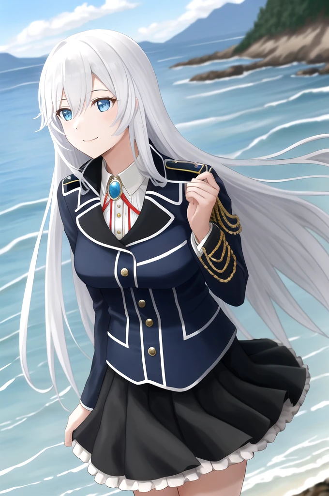 ((masterpiece,Highest quality, detailed)), ultra-detailed, detailed hair,、1girl la folia rihavein ,Gray Hair, uniform 、White shirt、 Black Skirt、 Side view of the brooch, ((Woman looking at the sea from the top of a hill))、(blue sea)、((Blue sky))、Wave one hand、The wind is blowing、The best smile、military uniform white shirt black skirt brooch,独奏,One Woman、Midsummer、