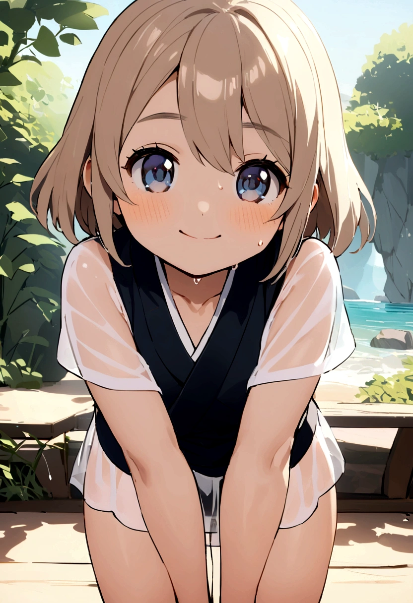 　(((Japanese)))(8-year-old girl)(((child)))　((((8-year-old girlが一人、solo))))　whole body写真　Full Shot　Short Hair　Hair tied up　whole body　Thighs 　Casual wear　濡れてSee-throughる服　Tank top(My body is wet from sweat)　((濡れてSee-throughる))See-through short skirt　cute　(smile)　Sandy Beach　((See-through))　　Shot from between the legs　　　Leaning forward
