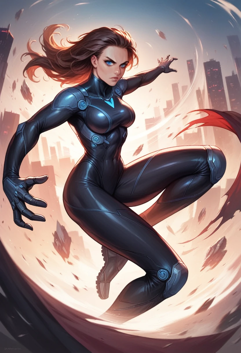 A highly detailed, cinematic portrait of a powerful, fierce Marvel superheroine, Nemesis, with piercing blue eyes, chiseled facial features, flowing brown hair, wearing a sleek red and black bodysuit, in a dynamic action pose, surrounded by a dramatic, futuristic cityscape background, cinematic lighting, photorealistic, 8k, hyper detailed