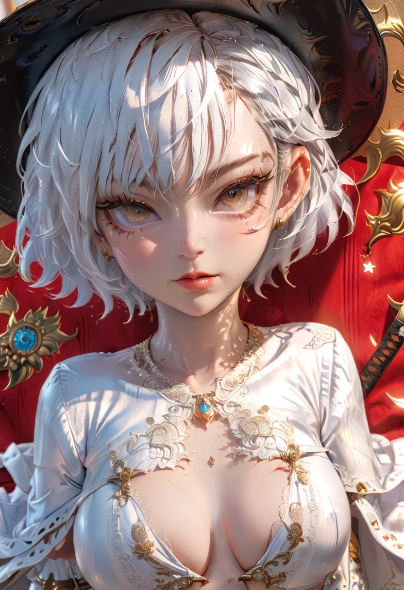 (Highest quality,High resolution,masterpiece:1.2),4K,8K,cowboy shot、Enlarge your eyes、Beautiful, clearly defined eyes、Highly detailed eyes and face、Draw your finger firmly、ahegao、Kindergarteners、(6 year old girl)),Small breasts、flat chest、 {{{{Small breasts}}}},Super large nipples、Super large areola、 Plump thighs、Completely naked、Silver Hair、Frame your face、Bobcut、Spread your legs、No underwear、Creampie、Shaved、full body、