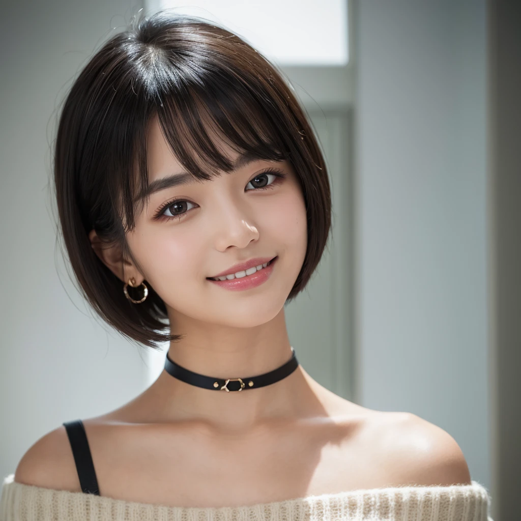 Highest quality, masterpiece, Ultra-high resolution, Realistic, 1 Girl, Off the shoulder, knit, smile, smile, Slightly visible, Extra Large_sweater, Soft lighting, Detailed skin, bangs, Black Hair, Clear Eyes, Short Bob Hair, Transparency, Japan, Korean, Beautiful woman, Upward glance, Lip gloss, Black Thick Choker, Tears, Mole on chest, Eye highlights