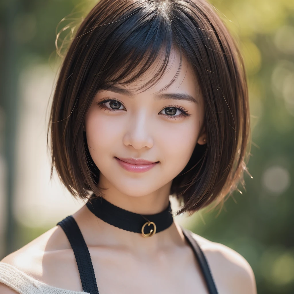 Highest quality, masterpiece, Ultra-high resolution, Realistic, 1 Girl, Off the shoulder, knit, smile, smile, Slightly visible, Extra Large_sweater, Soft lighting, Detailed skin, bangs, Black Hair, Clear Eyes, Short Bob Hair, Transparency, Japan, Korean, Beautiful woman, Upward glance, Lip gloss, Black Thick Choker, Tears, Mole on chest, Eye highlights