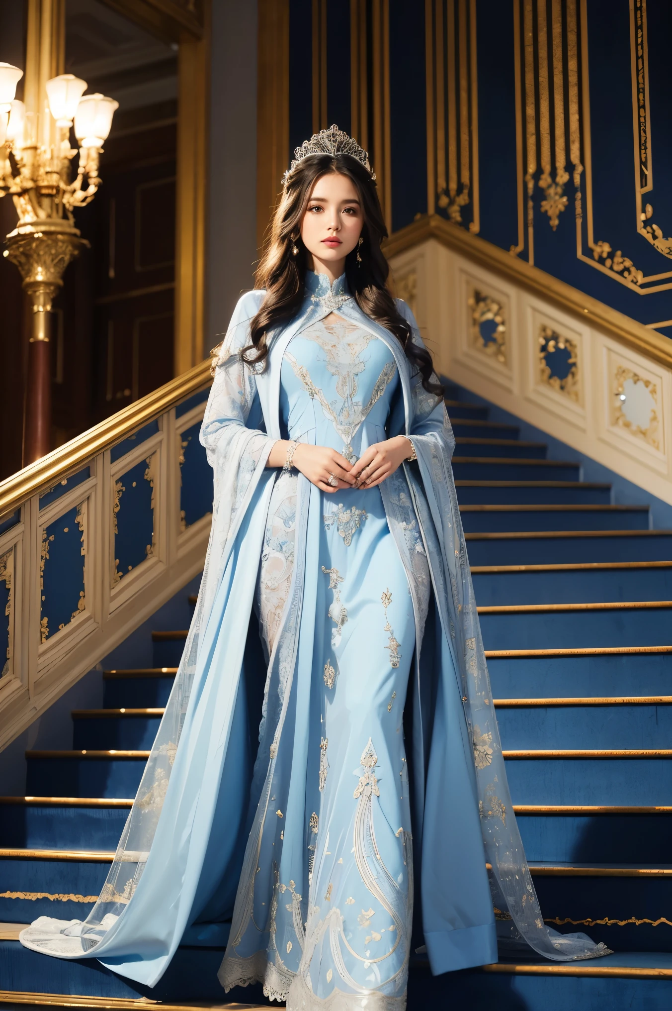 Beautiful woman standing on stairs wearing light blue dress, fantasy long intricate outerwear, long outerwear, wearing an evening outerwear, From the Victorian nobility, wearing long outerwear, long luxurious outerwear, Chassis, wearing a fantasy suit, outerwear, velvet with lace outerwear, royal elegant pose, Elegant Gothic princess,